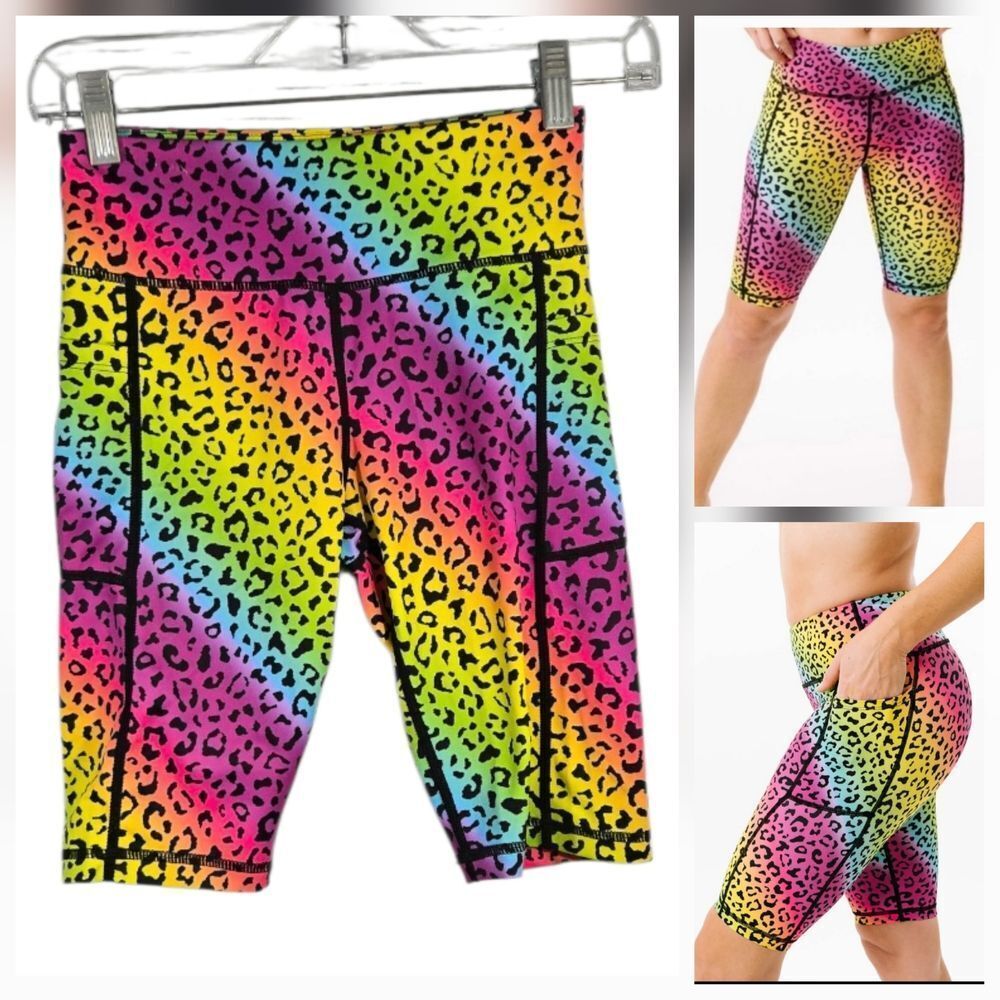 ZYIA Neon Rainbow Leopard Print Active Bike Shorts Pocket Hustle 9" Activewear
